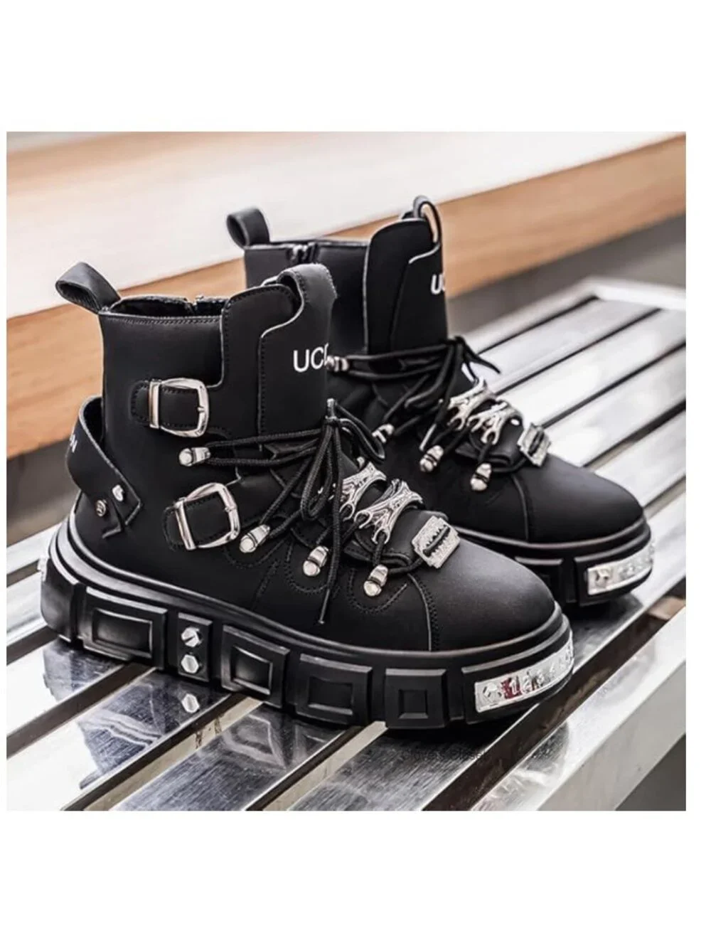 Men's Punk Combat Boots Chunky Platform Lace-Up Faux Leather Motorcycle Boots